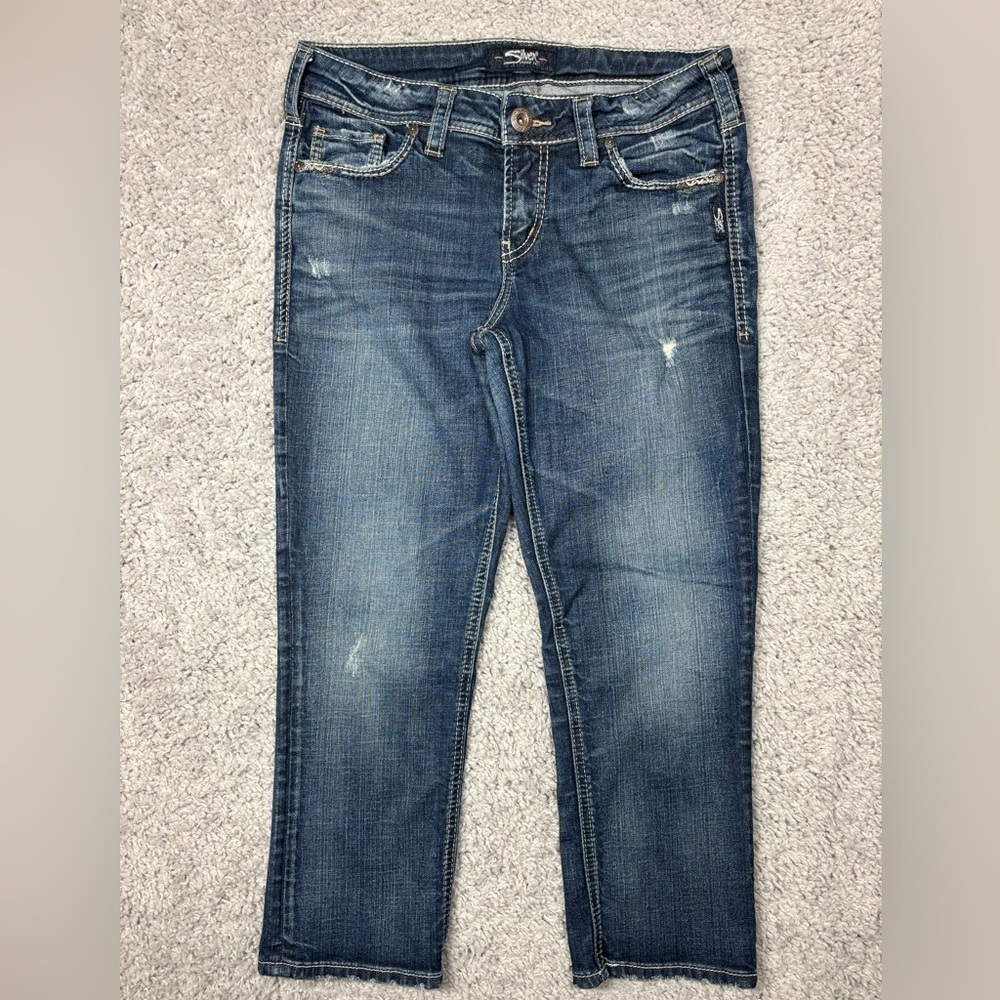 Silver Jeans Womens 27 Elyse Capri Big Stitch Denim Pedal Pushers Distressed